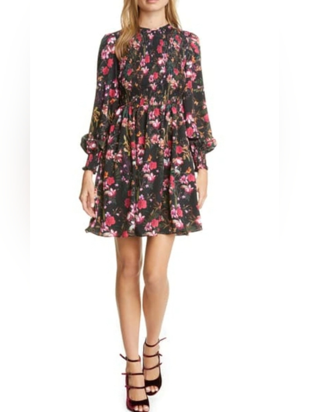 Ted Baker Black Floral Smocked Long-Sleeve Mini Dress, Size 2